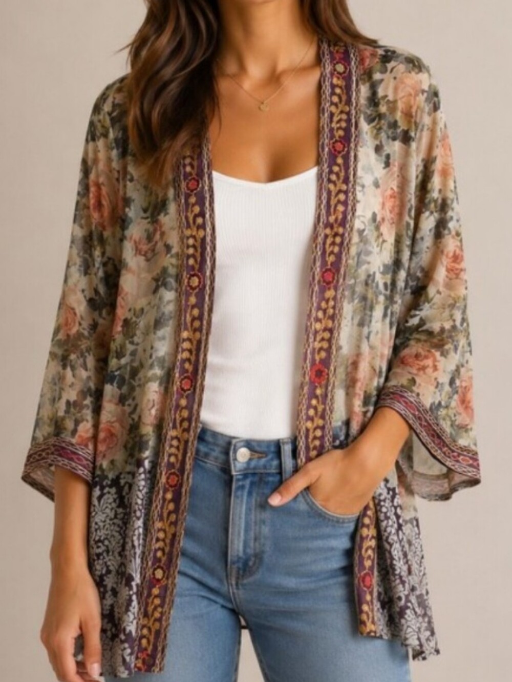 Soft Surroundings Floral Sheer Open-Front Kimono - Size L NWOT